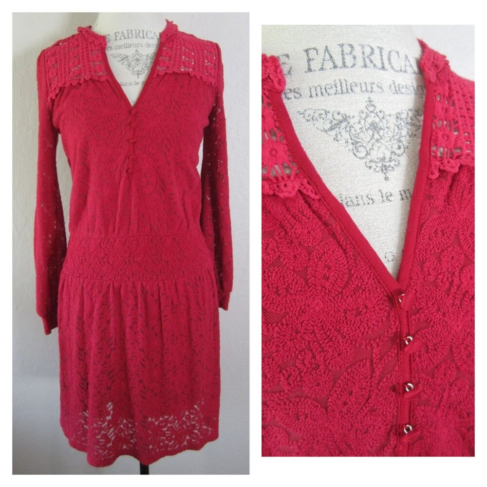 LEIFNOTES S Red Lace Field Day Peasant Dress Lined Long Sleeve